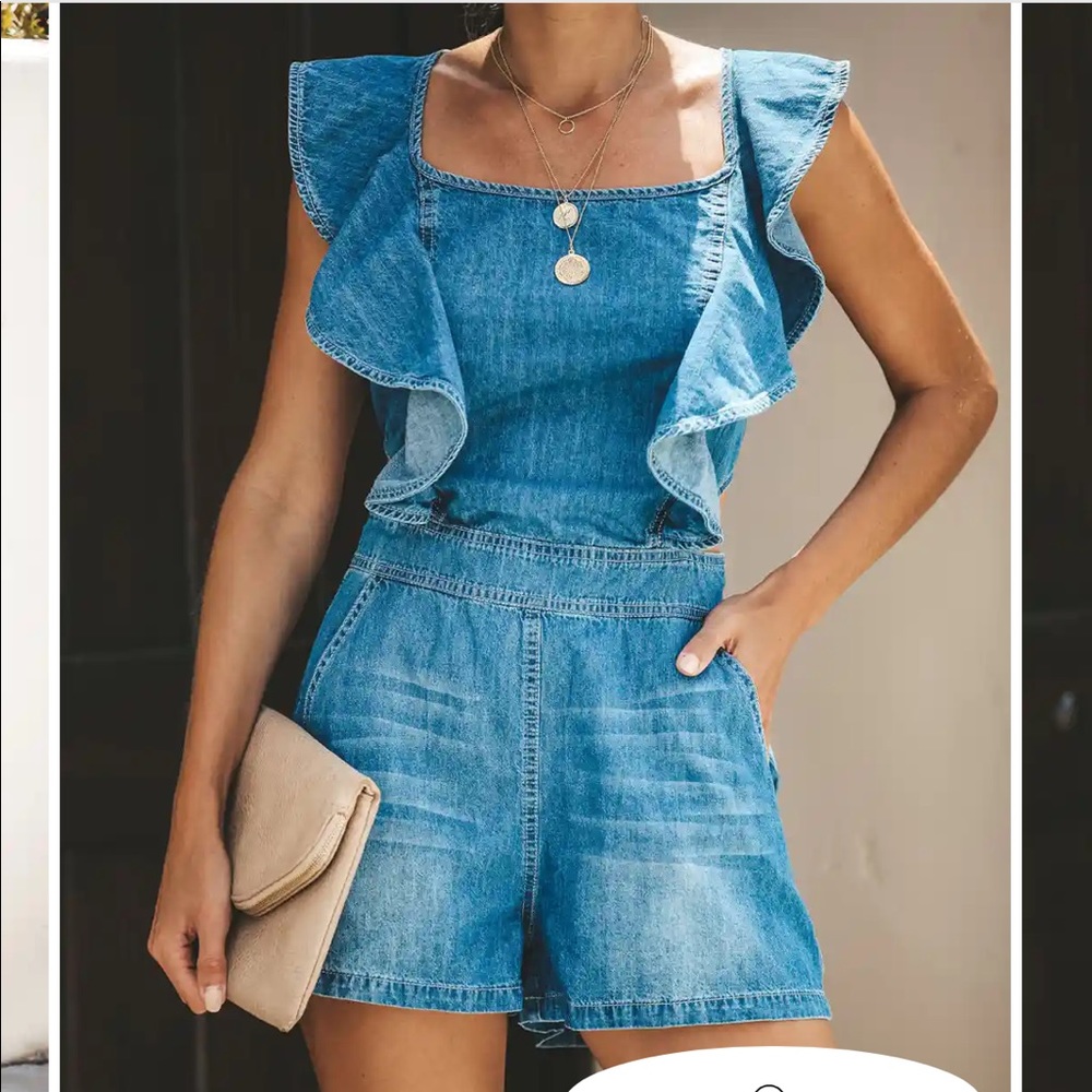 Denim Ruffle Strap Women’s Shorts Romper - Blue